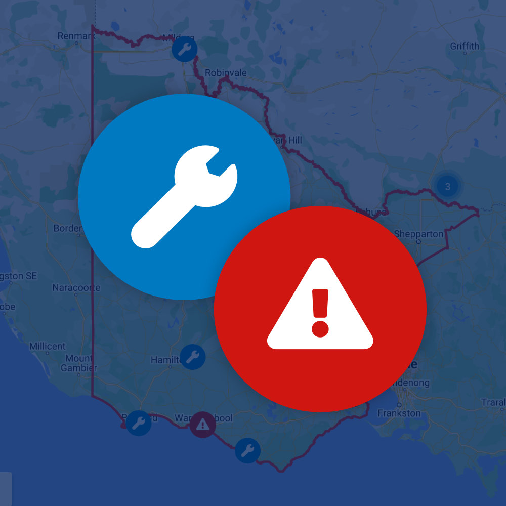 Map of Victoria showing CitiPower and Powercor distribution areas with Repair and Fault icons overlaid