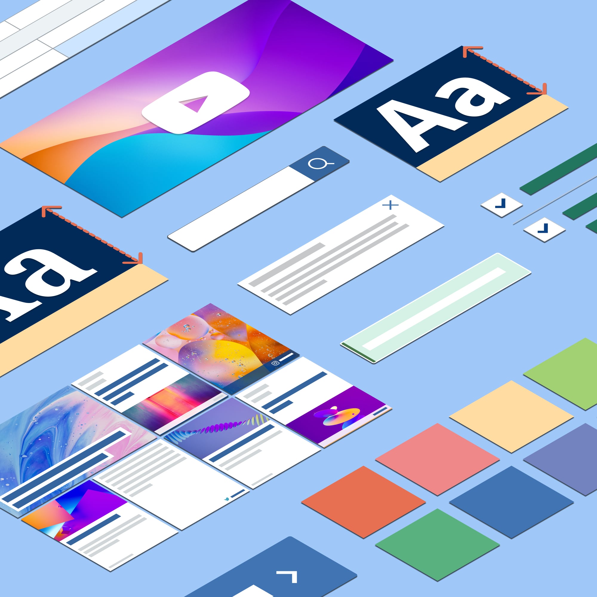 Isometric view of Unimelb design system UI elements